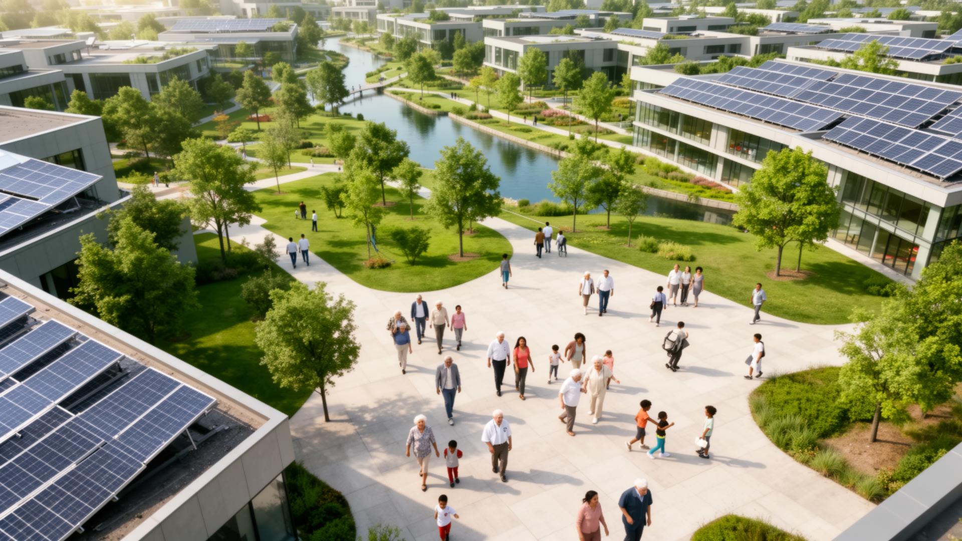 Green smart city with diverse people gathered in a public plaza